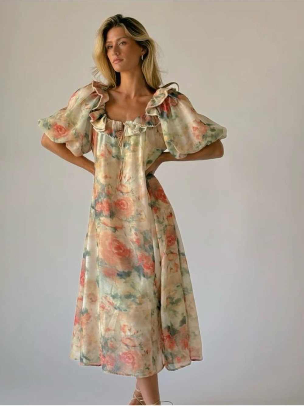 Floral Ruffle Midi Dress in Cream and Pink